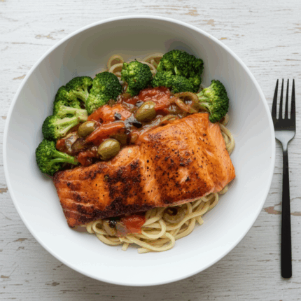 The Linguine Love Triangle: Salmon, Capers & Olives "PUTTANESCA"